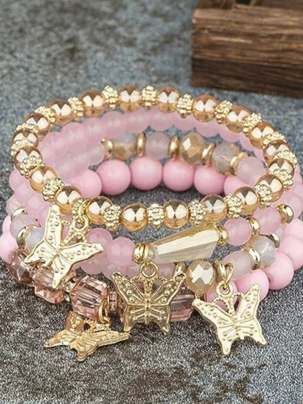 New - 4 Pcs Cute Butterfly Charm Bracelets Set Gold Beaded Stackable Stretch